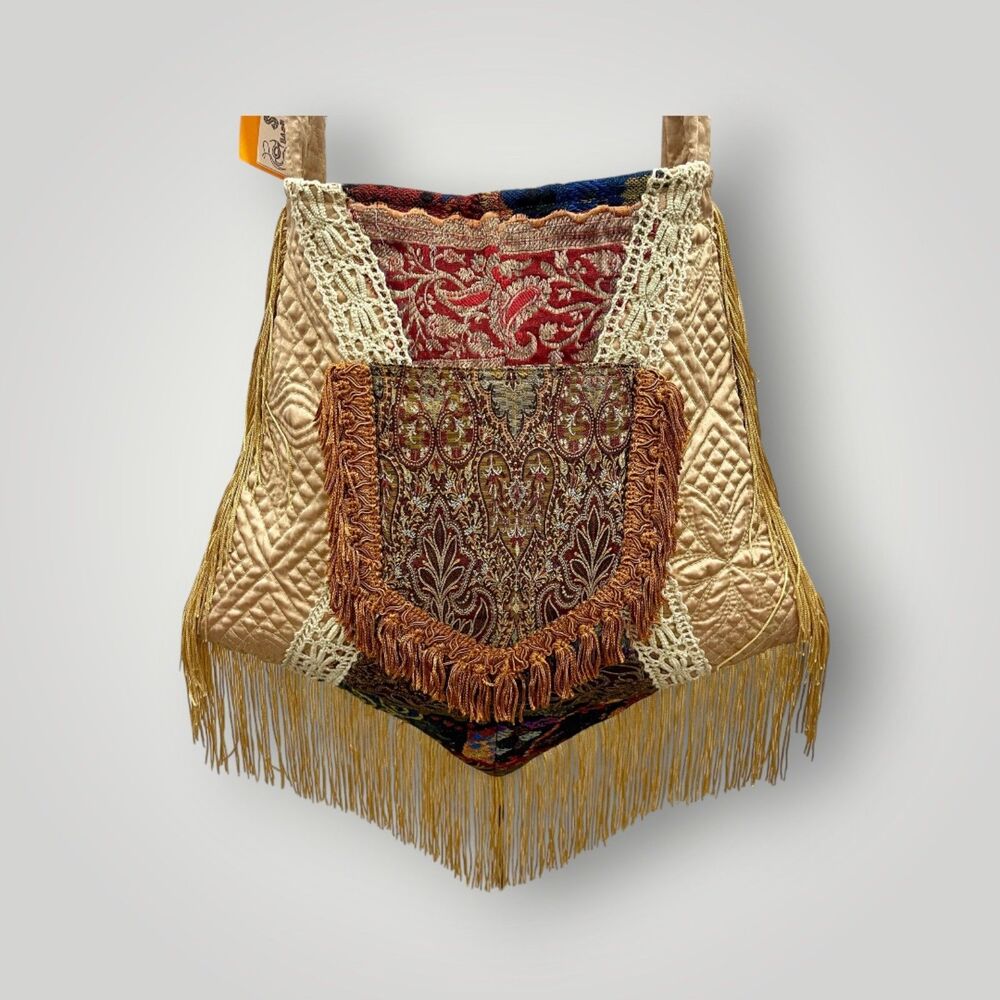 Champagne &  Multi Eclectic Handmade Boho Fringed Crossbody Bag - Picture 4 of 8